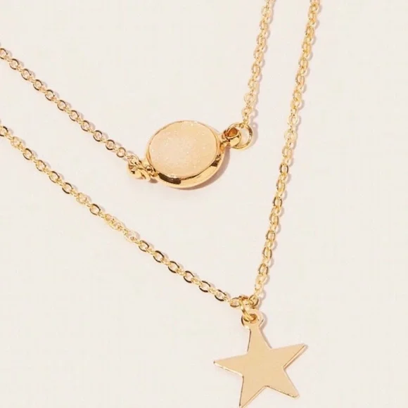 Rose Quartz Gold Star Dainty Layered Necklace - Picture 1 of 4